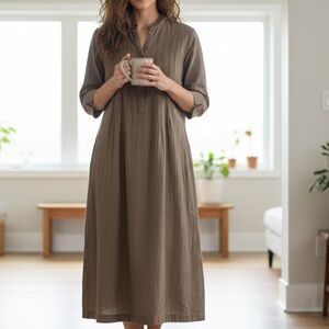 Brown Long Sleeve Tunic Dress , Cotton, M
